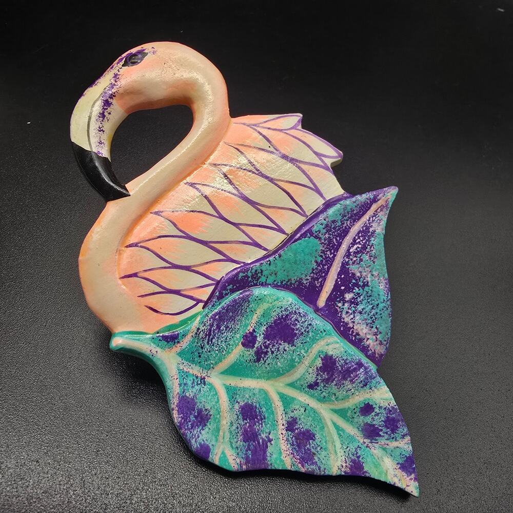 Pink Flamingo Hand Painted Wood Scarf Clip Charm Slide Ring Vintage 1980s